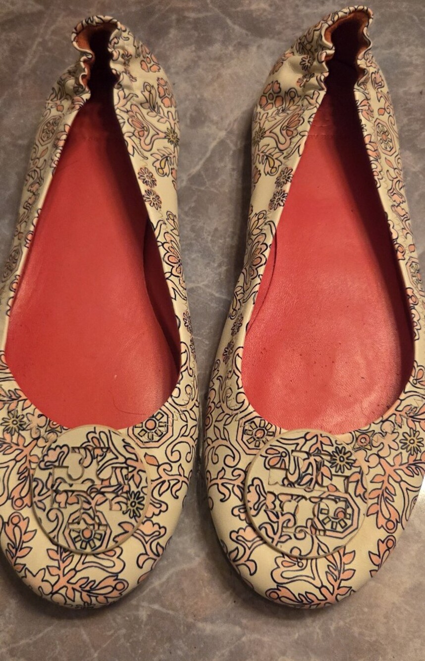 Tory Burch Cream Floral Ballet Flats with Coral Insole
